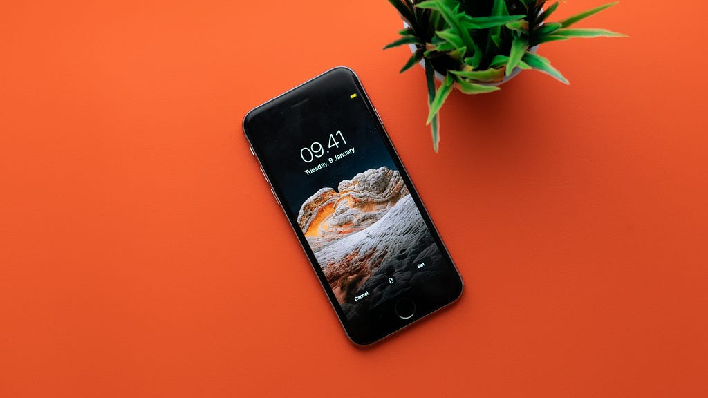 A smartphone is laid on an orange cover, presumably a table. On the screen it’s 9:41 pm. A green succulent can be seen beside it.