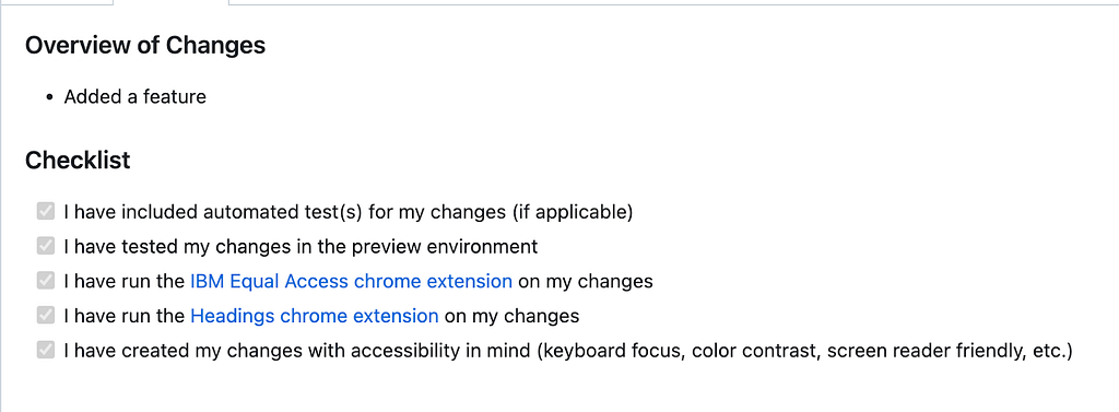 Screenshot of the Github Checklist rules we put in place related to Accessibility