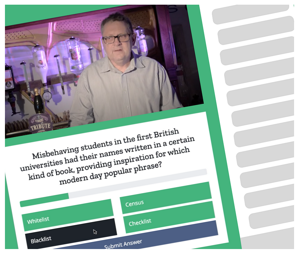 Screen capture of the game, showing a live video of a man hosting a quiz with a multiple choice prompt beneath