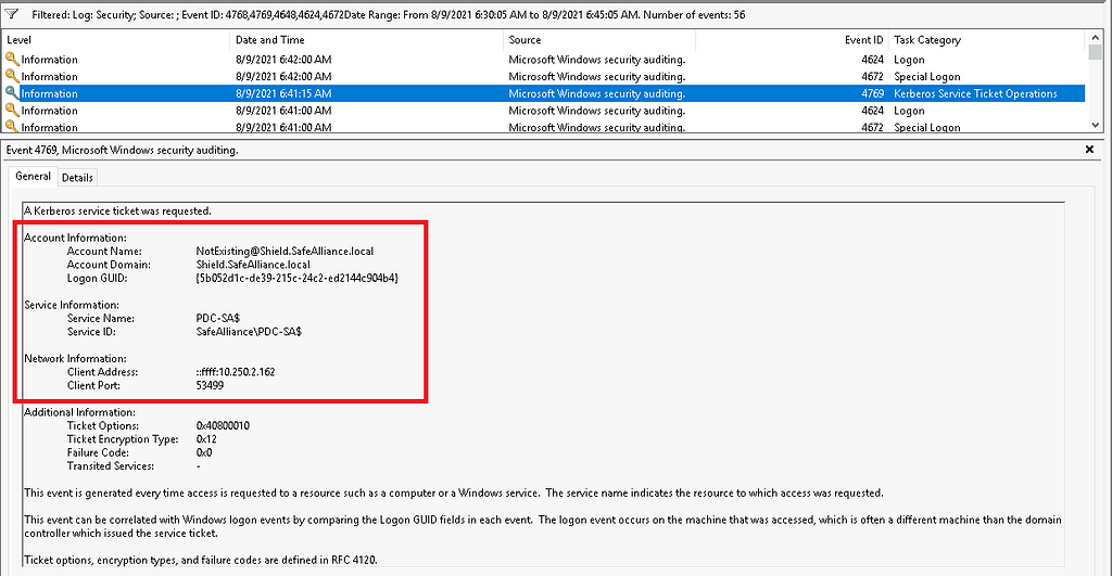 Finding attack traces in the Windows Event log for event ID 4769
