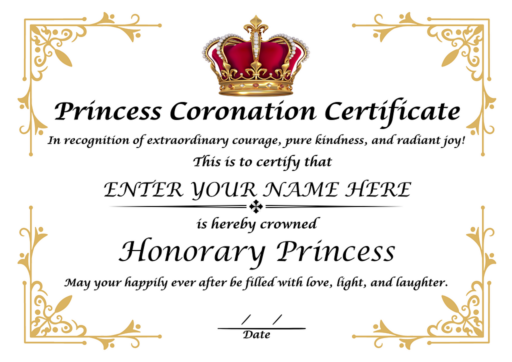 Princess Coronation Ceremony Certificate With Crown Logo