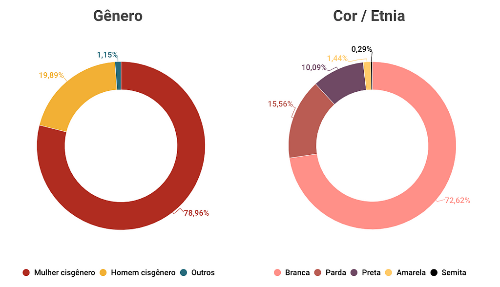 Imagem com os gráficos de gênero e cor/etnia. Os dados estão descritos a seguir.