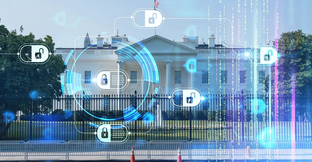 White House in background with cybersecurity images screened over it.