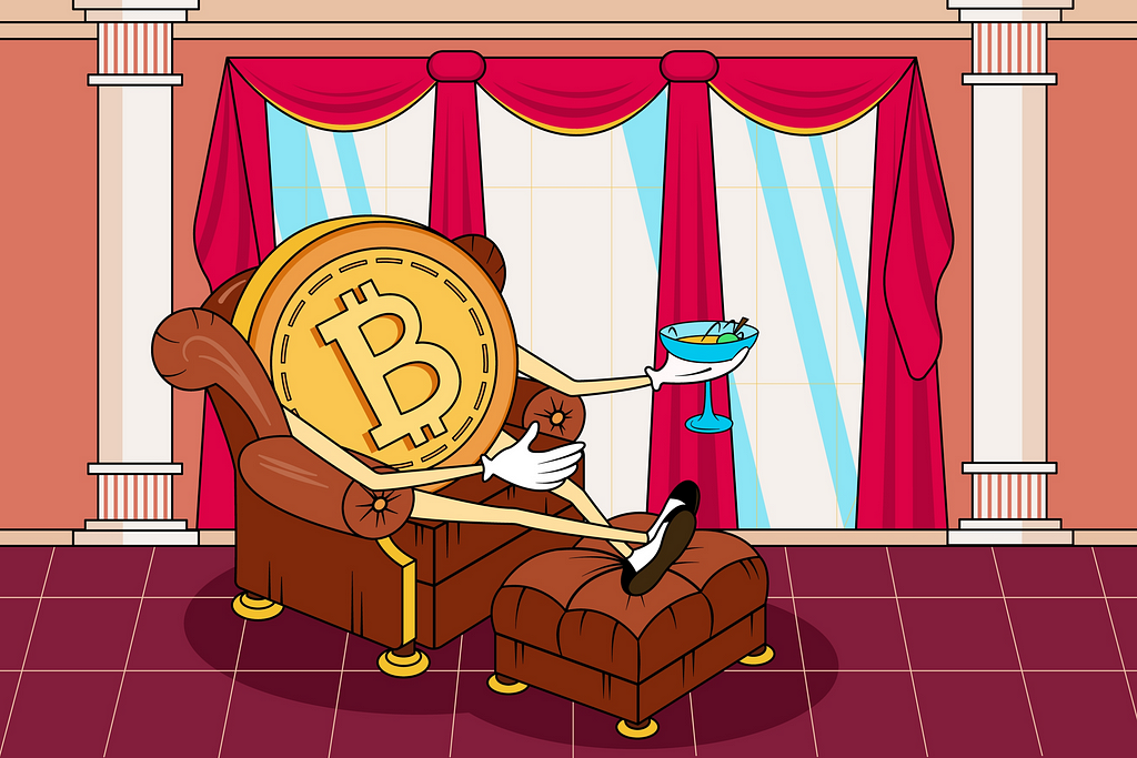 Bitcoin token is sitting on a couch