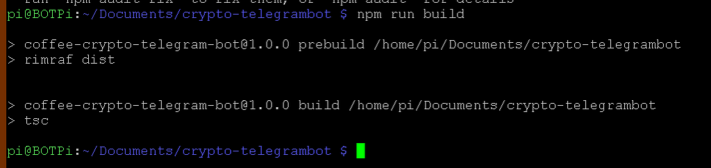 A terminal showing the completed npm install and npm build commands