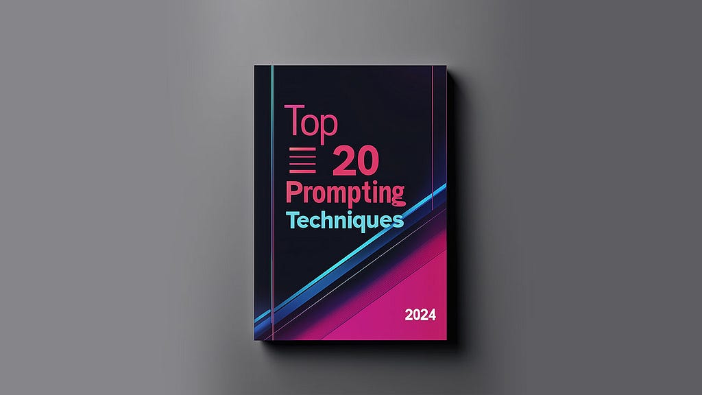 A book cover titled “Top 20 Prompting Techniques” for the year 2024. The design features a dark background with diagonal lines and gradient colors ranging from pink to blue, adding a dynamic, modern aesthetic. The title text is prominently displayed in a mix of red and light blue fonts, creating a striking contrast against the dark background. The year “2024” is positioned at the bottom right corner in white, further standing out against the deep hues. The overall design is sleek and contemporar