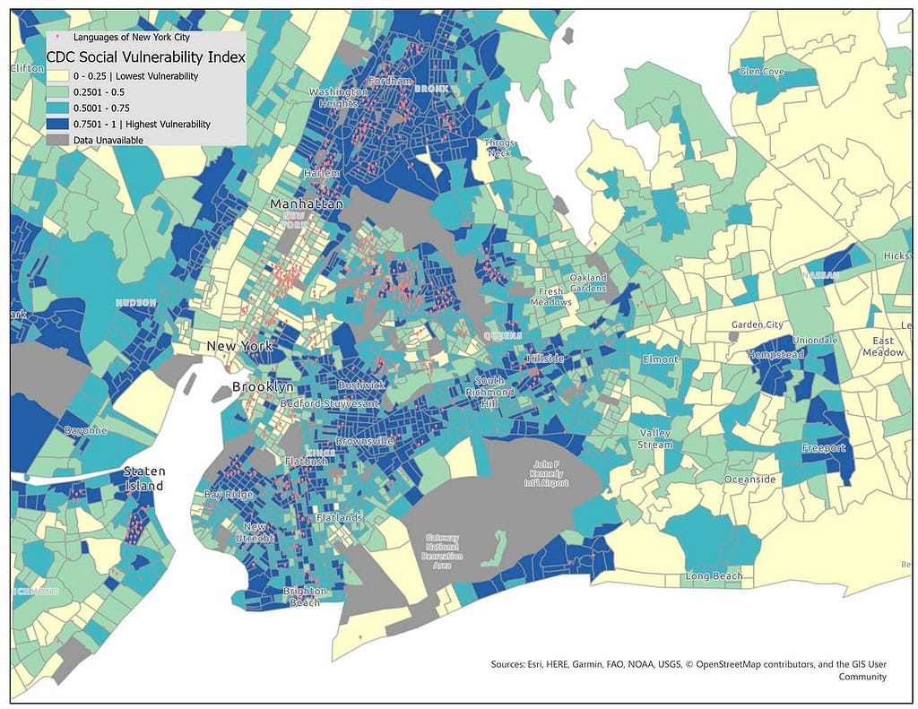 Map showing the interplay between the distribution of languages in New York City and a Social Vulnerability Index.