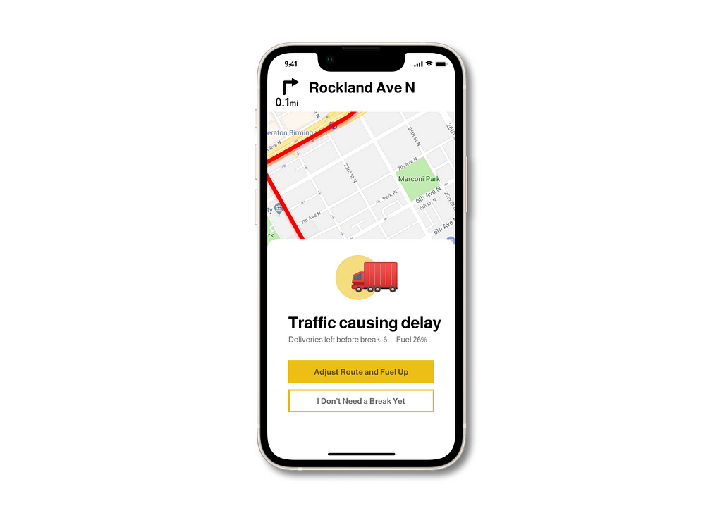 A phone on a white background. It has a screen mockup of a notification from a truck driver delivery app that informs the user that traffic is causing delays and gives them options on how to proceed.