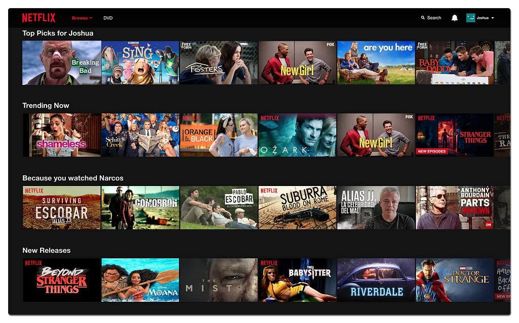 A screencapture of Netflix homescreen, demostrating many personalize reccommendations