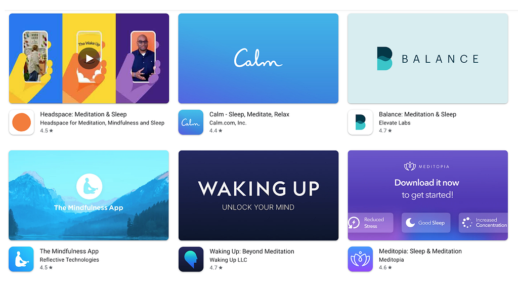 Overview of meditation apps, all in blue except for headspace