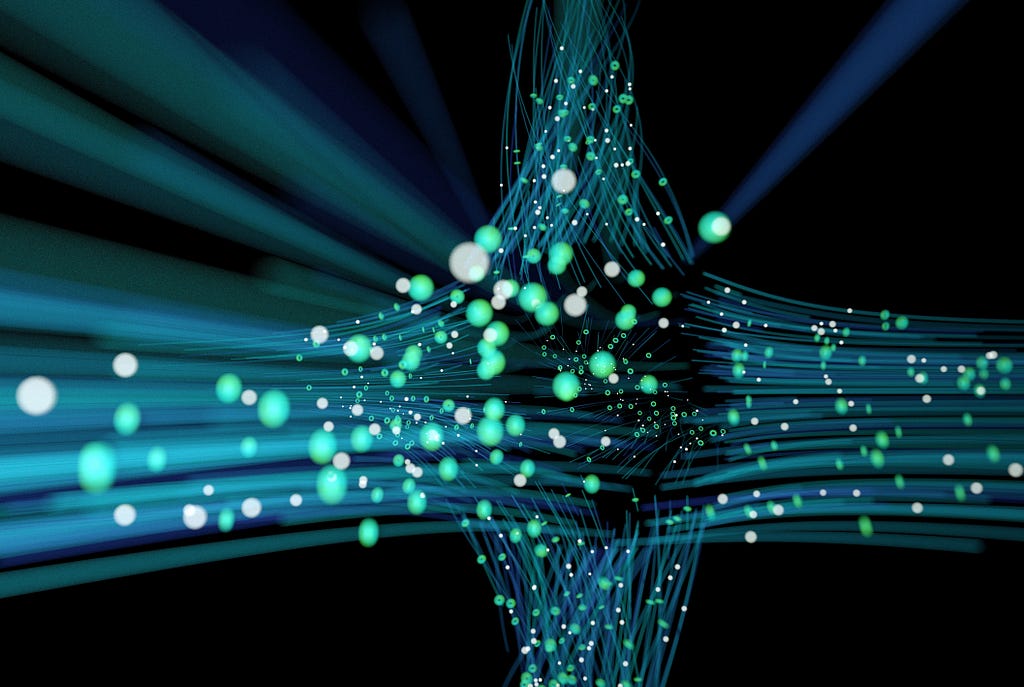 The image depicts an abstract digital art composition featuring numerous interconnected blue and green lines radiating from a central point, resembling fiber optic cables. Small, glowing dots in various shades of green and white are scattered throughout the lines, giving a sense of movement and energy against a dark background.