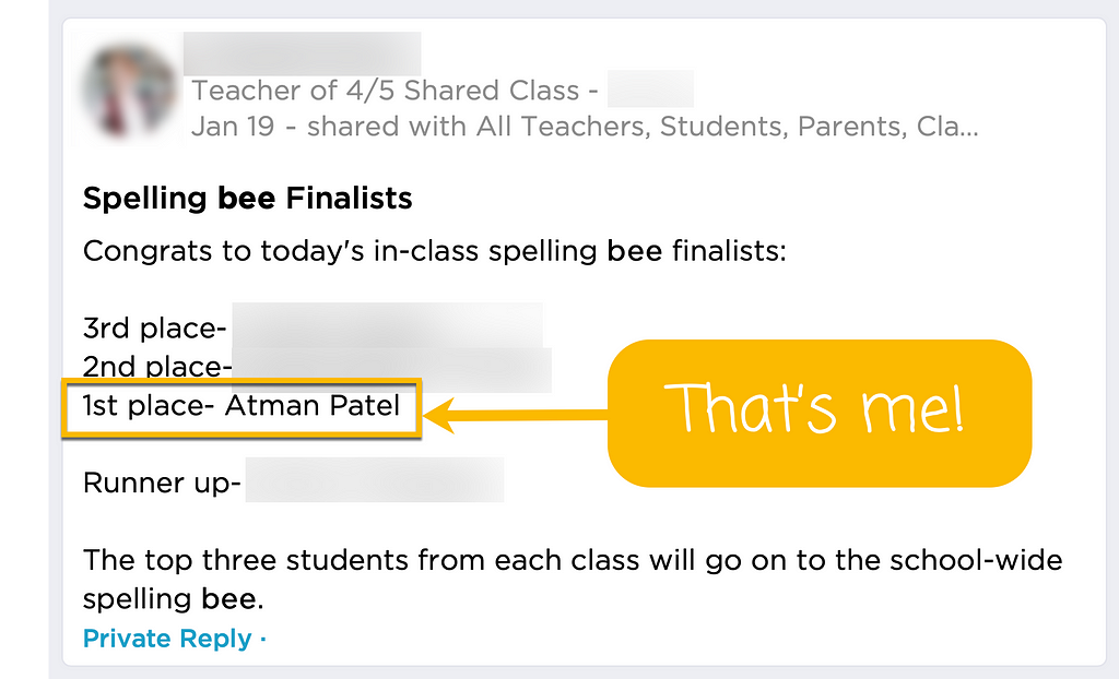 Announcment of Spelling Bee Winners. 1st place — Atman Patel