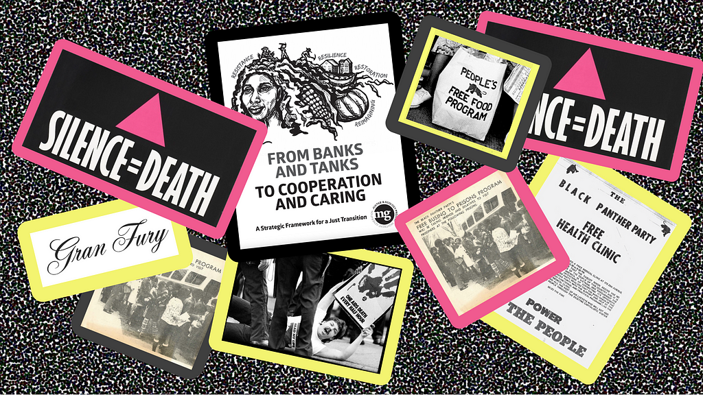 Graphic collage of archived fliers and printed materials from community groups including the Black Panther Party, HIV/AIDs activists, Gran Fury, and community food bank programs — fliers are outlined in bright pink and yellow atop a black and white pixelated background.