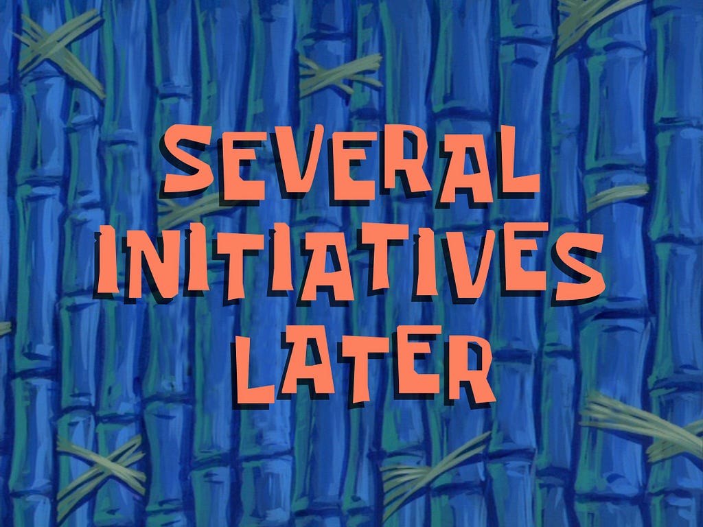 “Several initiatives later” in Spongebob themed title card