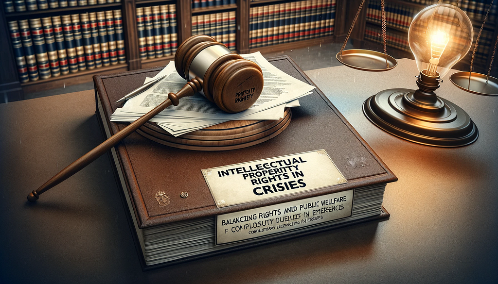 A wide image featuring a courtroom scene with a prominent gavel and a stack of legal documents in the foreground. The title ‘Intellectual Property Rights in Crises’ is displayed at the top, with additional text ‘Balancing Rights and Public Welfare in Emergencies’ beneath it. The image conveys a sense of urgency and the importance of legal considerations in crisis situations, particularly regarding compulsory licensing of patents.