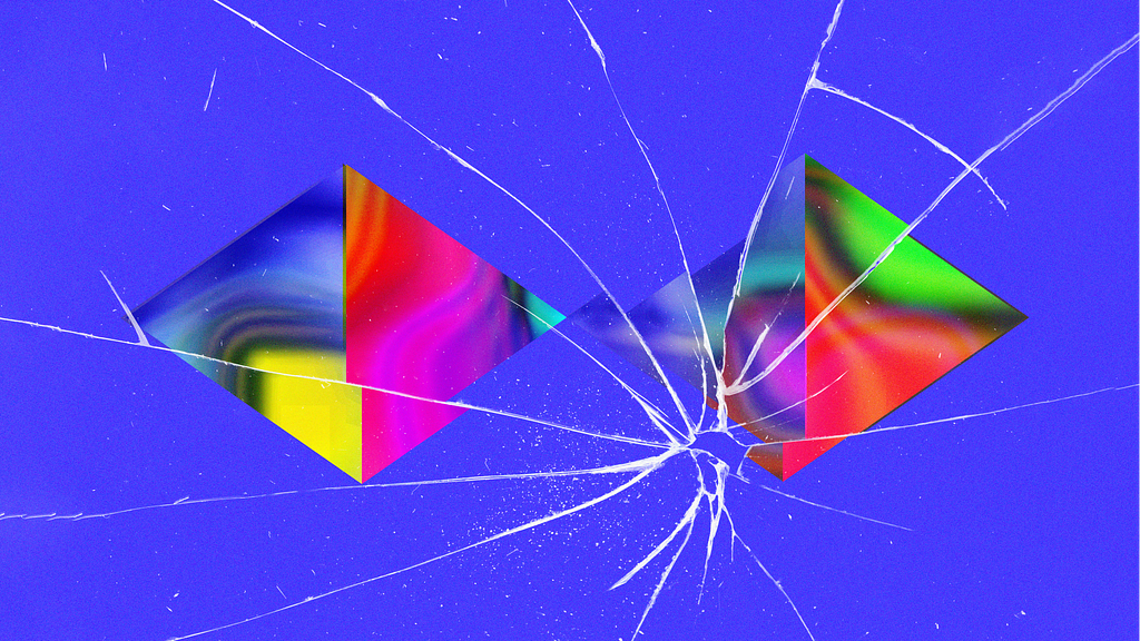 Two colourful diamonds over a dark blue background with a shattered glass overlay.