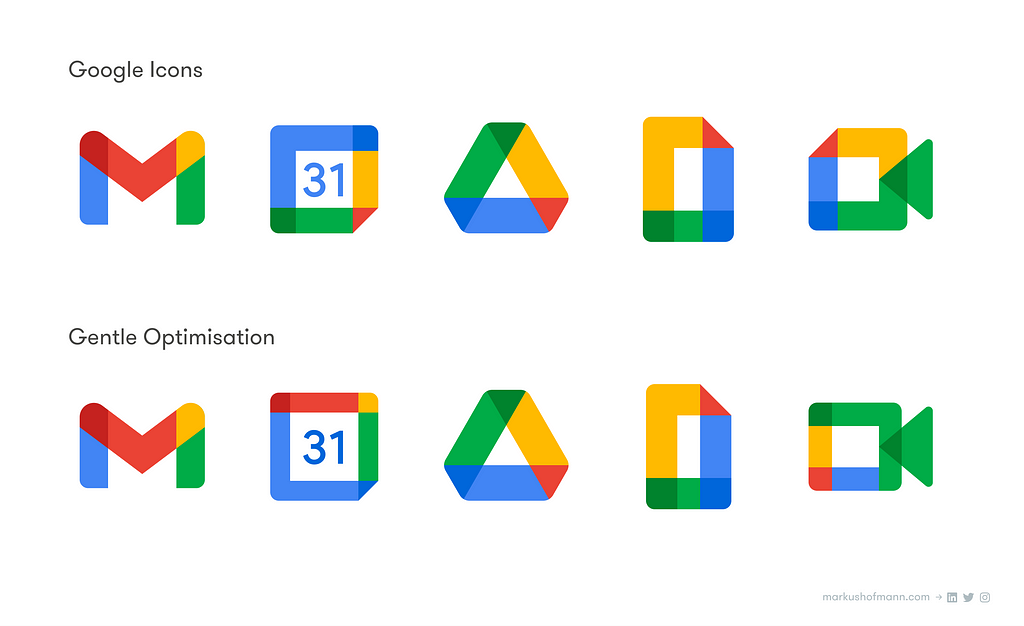 Comparison of Google’s new Workplace icons and my optimised, more distinct versions