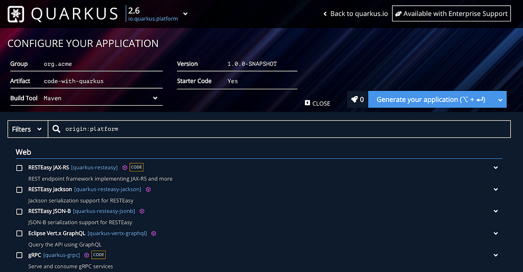 Screenshot from the Quarkus tools to generate applications