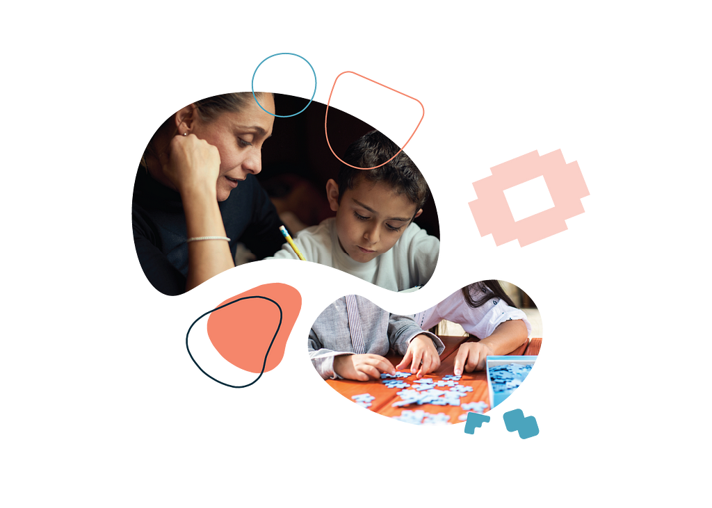 Mother and son working together on a puzzle.