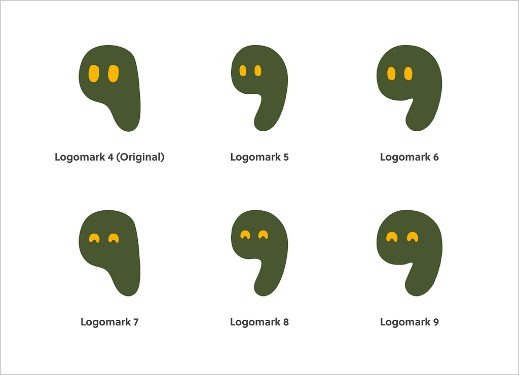 An image consisting of 6 different Nine Tales logomark renditions. Logomark 4 is the original logomark design with eyes. Logomark 5 and 6 has the same set of eyes as Logomark 4, with the difference being Logomark 5 has a slightly thinner tail on the blob shape digit ‘9’, whereas Logomark 6 has a curvier shape of the digit ‘9’ compared to Logomark 4. Logomark 7, 8 and 9 have a different set of eyes that looks smiley, and the shapes are the same respectively to 4, 5 and 6.