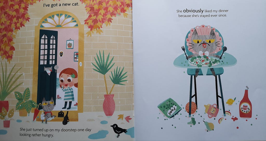 Left: auburn haired girl opens door to grey cat. Right: cat sits in high chair eating. From I Don’t Know What to Call My Cat.