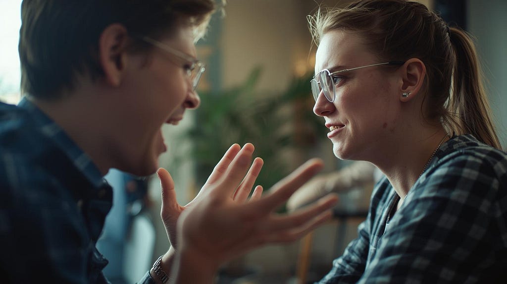 A man talking in an animated way while a woman sits silently listening. (Created using AI.)