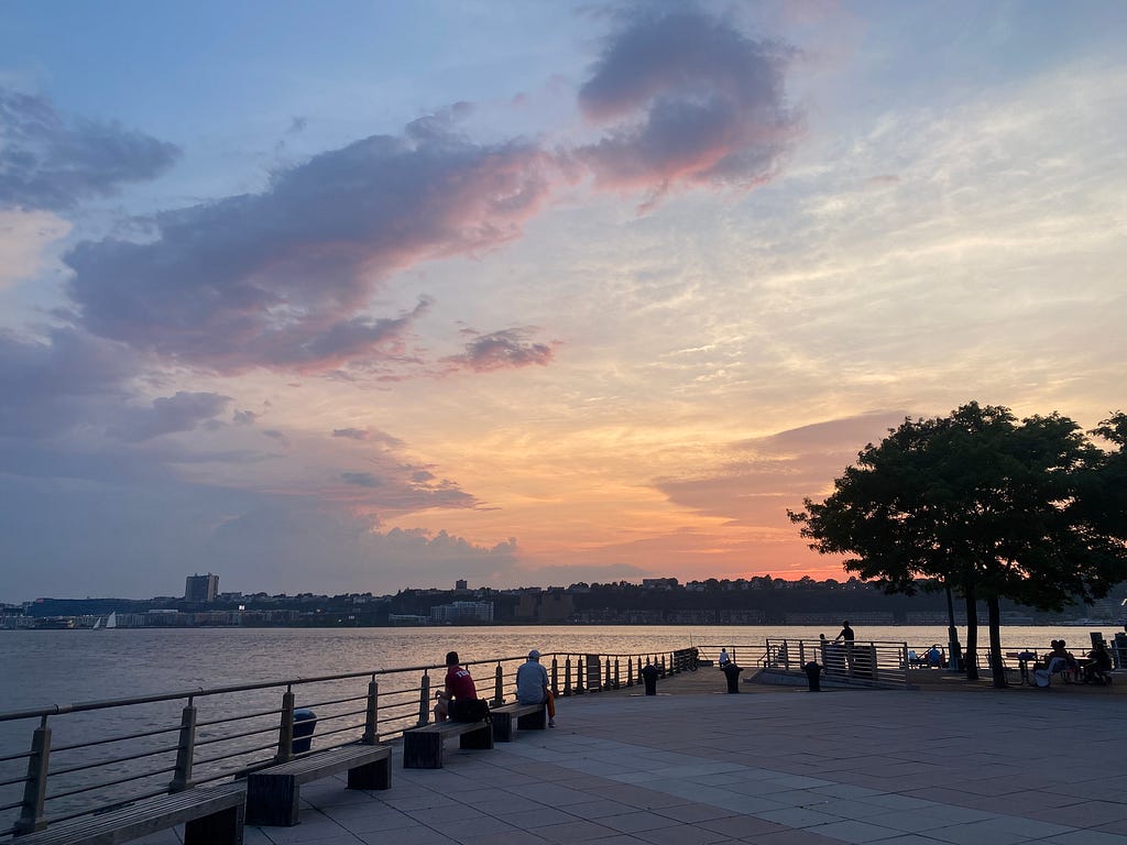 A sunset across the Hudson River. As a fun sidetone, this picture was taken on a date with a man I met in real life at a comedy open mic. IRL meet cutes are beating out the dating app dates 100–1 according to this correspondent.
