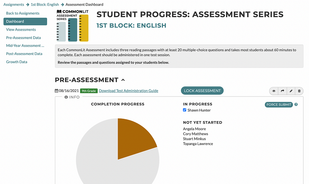 An Assessment Series dashboard on CommonLit containing a description of the test, a pie chart of student completion, a lock assessment button, and a force submit button to the right of a list of in progress students.