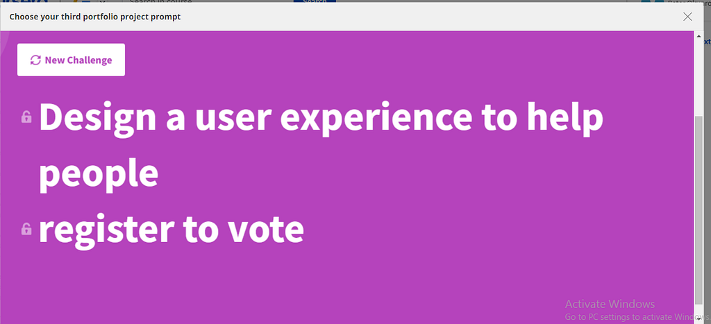 A picture of a design prompt which says Design a user experience to help people register to vote