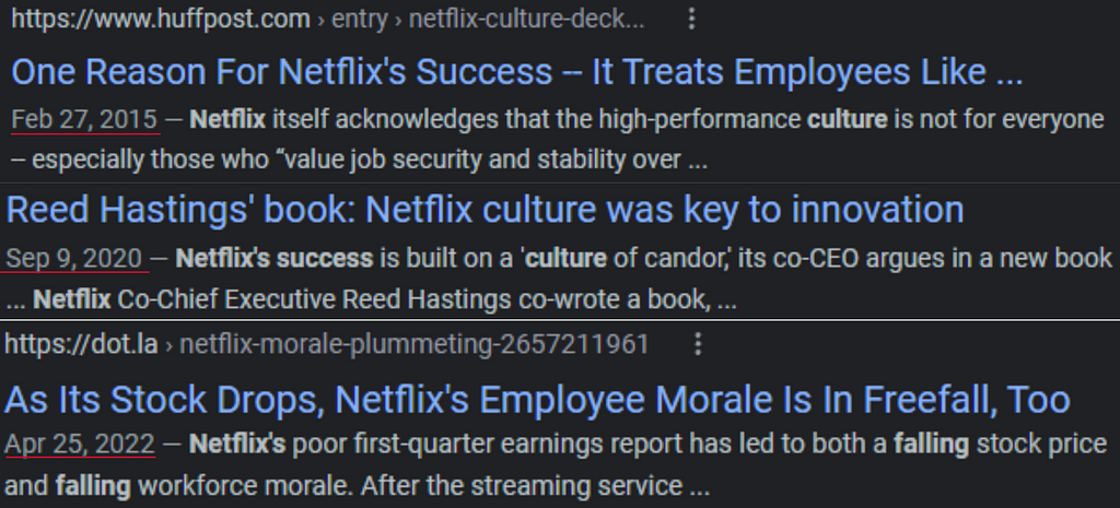 Three Google search headlines. The first from 2015 reads “One Reason for Netflix’s Success — it treats Employees like…” The second from 2020 reads: “Reed Hastings’ Book — Netflix culture was key to innovation.” The third from 2022 reads: “Stock Drops, Netflix’s Employee Morale is in Freefall.”