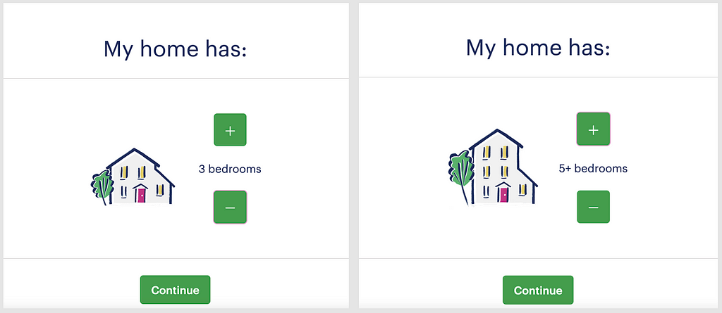 Two screenshots side by side from the Bulb website. The image on the left shows an illustration of a house where the user has stipulated it has 3 bedrooms. The image on the left shows the same illustration where the user has stipulated 5 bedrooms, but the illustration shows the house has grown taller.