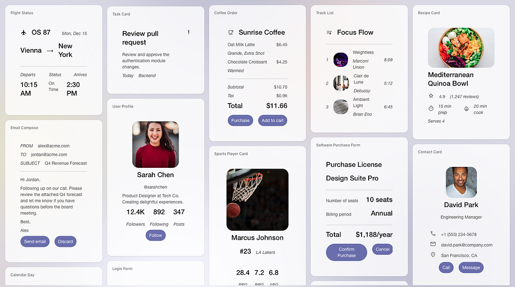 Screenshot demonstrating Google’s A2UI protocol, showing UI cards rendered dynamically by an AI agent. The cards display structured information using native platform components styled by designers — text fields, buttons, and formatted content blocks — illustrating how agents generate user interfaces by selecting from a predefined component catalog rather than regenerating new component styles for each session.