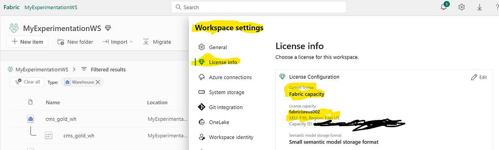 Microsoft Fabric Workspace Settings > License Info