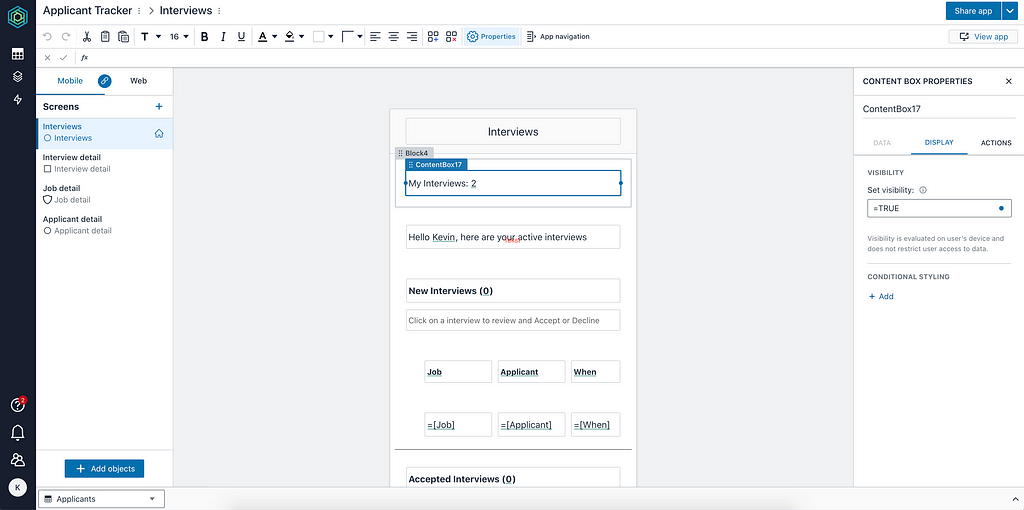 Honeycode App design screen