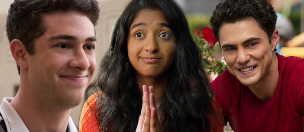 An image, left to right, of Ben, Devi, and Paxton, depicting the only two serious love interests for this show.