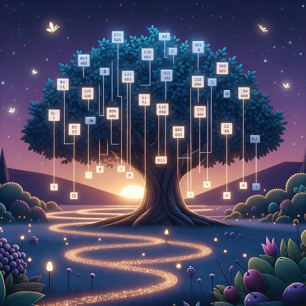 Illustration of a serene digital landscape at dusk. In the foreground, there’s a tree with leaves shaped like labeled boxes, symbolizing variables. Each box contains items like numbers, fruits, or symbols. Surrounding the tree, there are glowing pathways made of interconnected circular arrows representing loops. These pathways move in repetitive cycles, branching out to different directions. Fireflies, shaped like miniature code snippets, flutter around, adding to the magical atmosphere. The sce