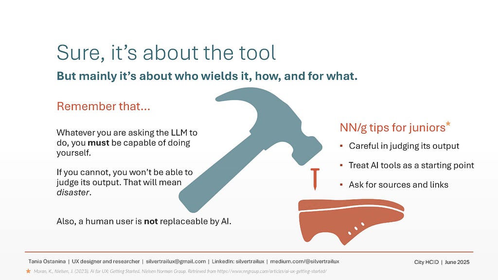 A slide that says, “Sure it’s about the tool. But mainly it’s about who wields it, how, and for what.”