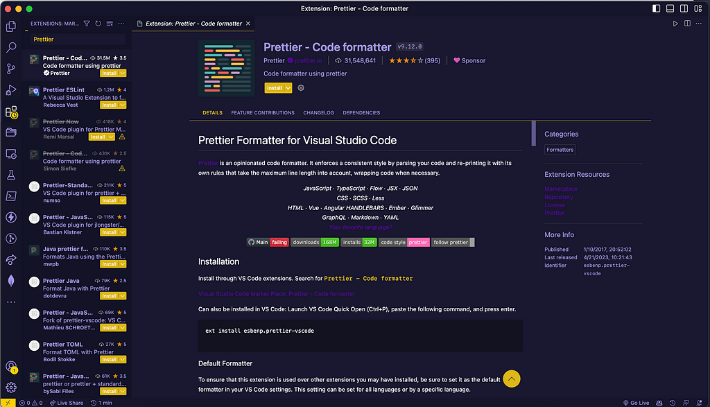 Prettier Visual Studio Code Extension