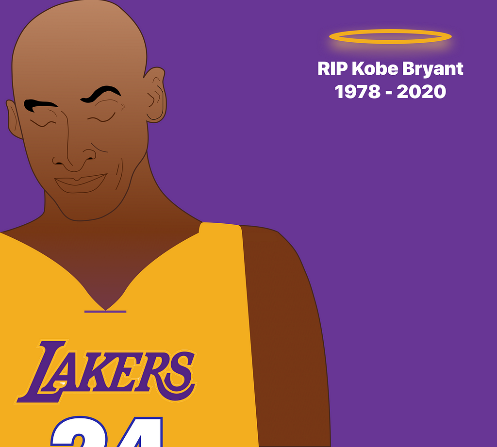 A custom illustration of Kobe Bryant wearing the yellow Los Angeles Lakers jersey. The image plays with a purple background.