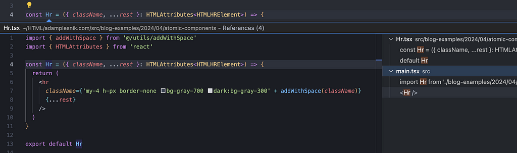 VS Code interface with references of <Hr /> component.
