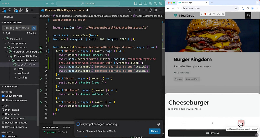 A screenshot showing a code editor on the left and a locally-running app in a browser on the right. The button to add an item to a shopping cart is highlighted in the browser, and the corresponding generated test code is highlighted on the right.
