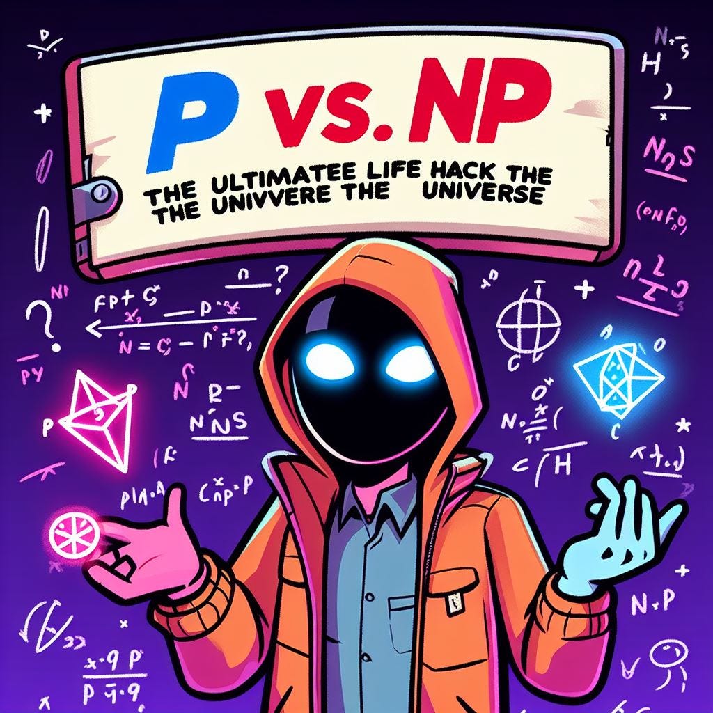 An AI generated humorous illustration of the P vs. NP problem