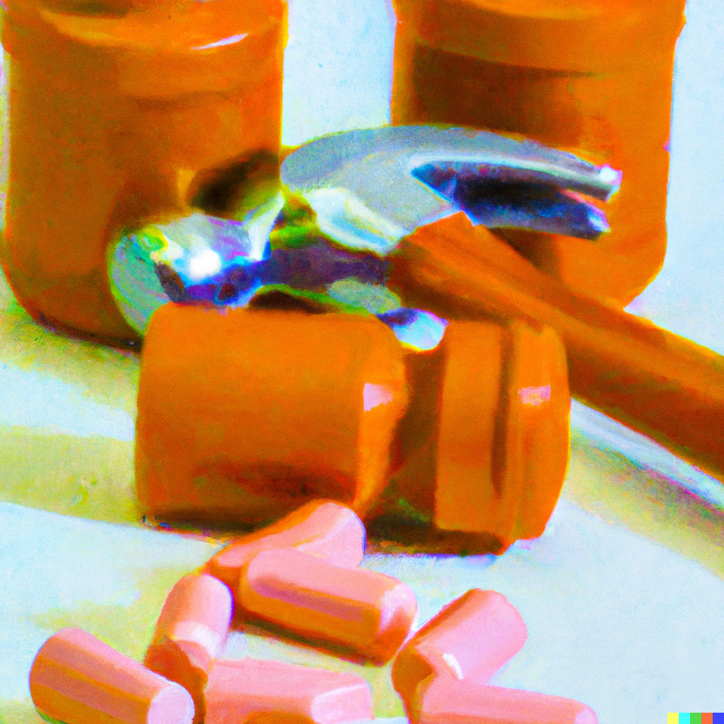 A hammer and pill bottles