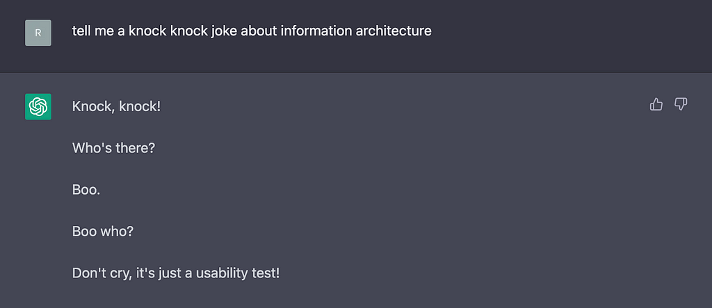 A screnshot of a ChatGPT prompt asking for a joke about information architecture