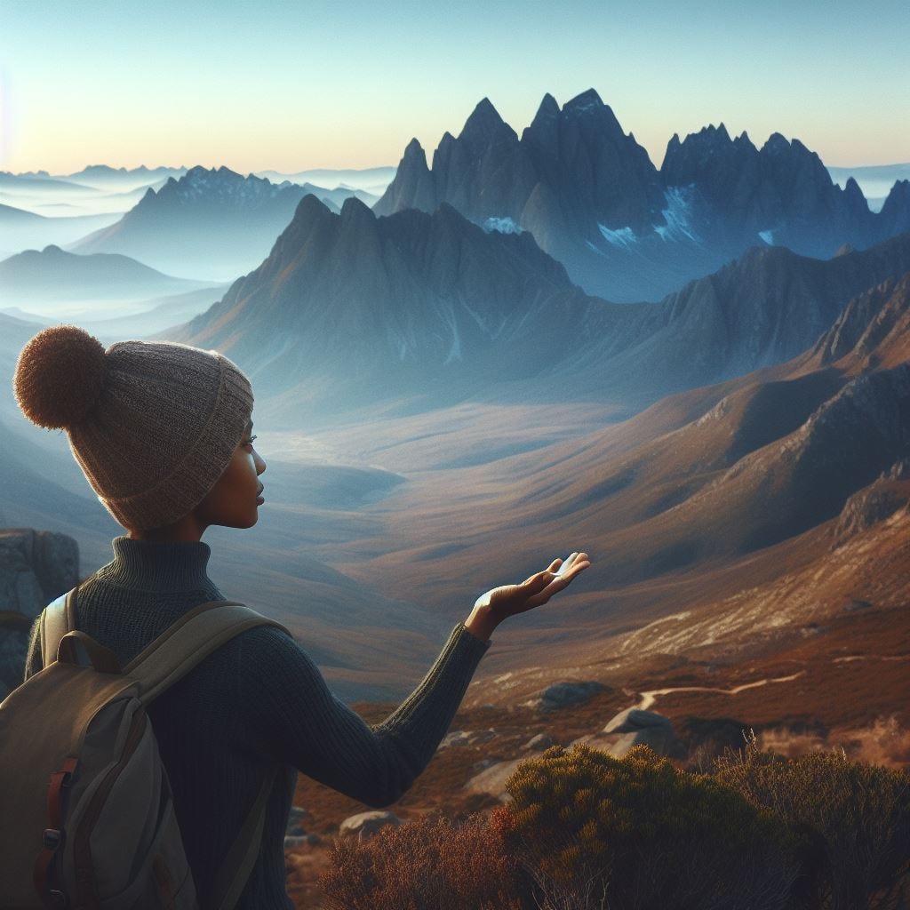 A blakc woman looking at the horizon with mountains