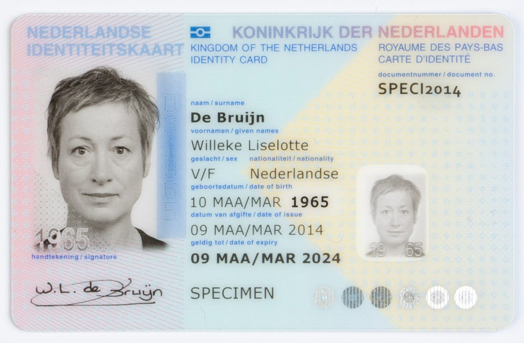 A well-oriented and clear scan of a Dutch national identity card.
