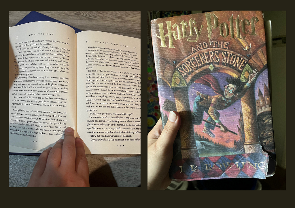 The cover and a picture of an inside look of Harry Potter and the Sorcerer’s Stone