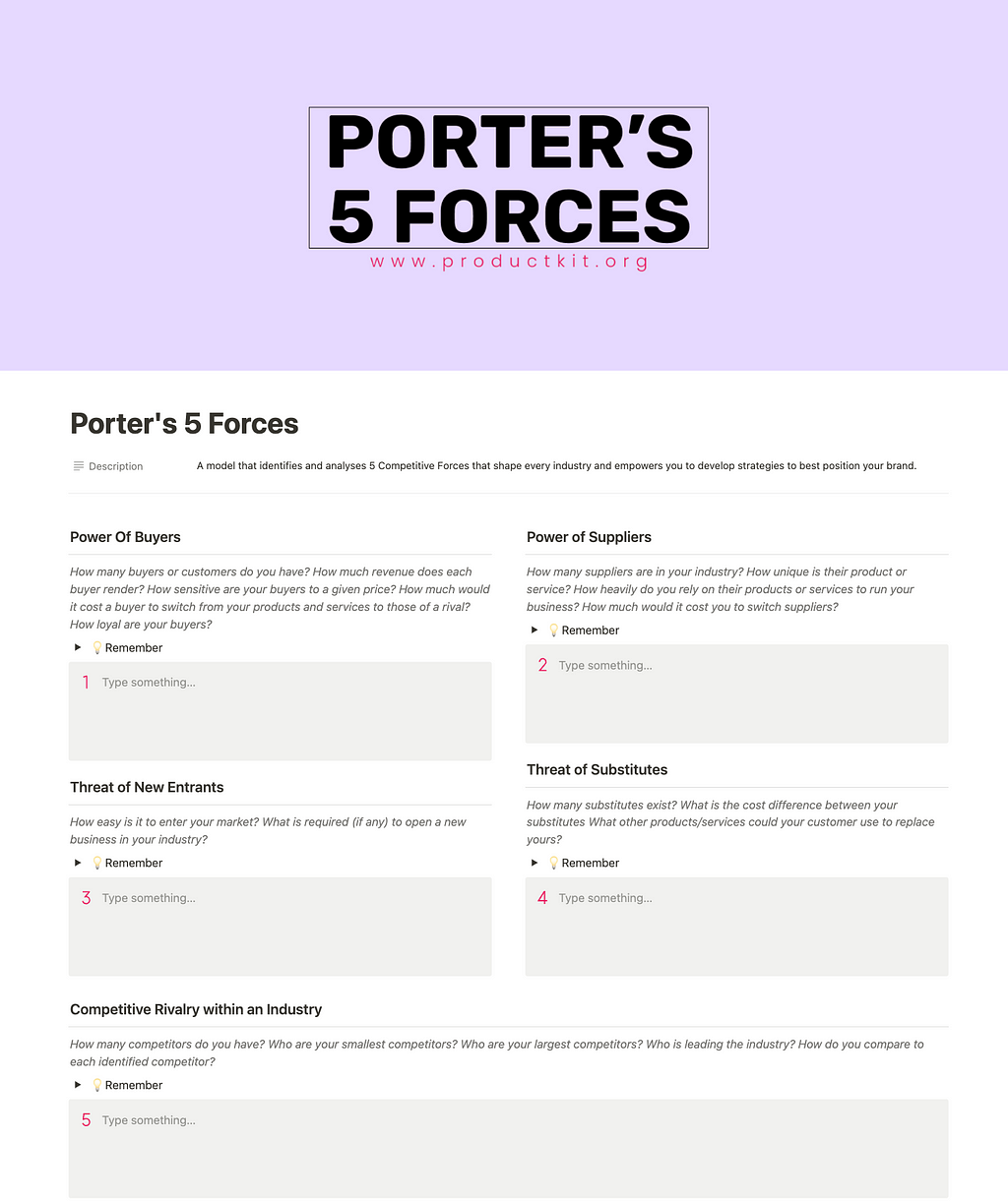 Image of Porter’s 5 Forces Notion Template  — a model that identifies and analyses 5 Competitive Forces that shape every industry.