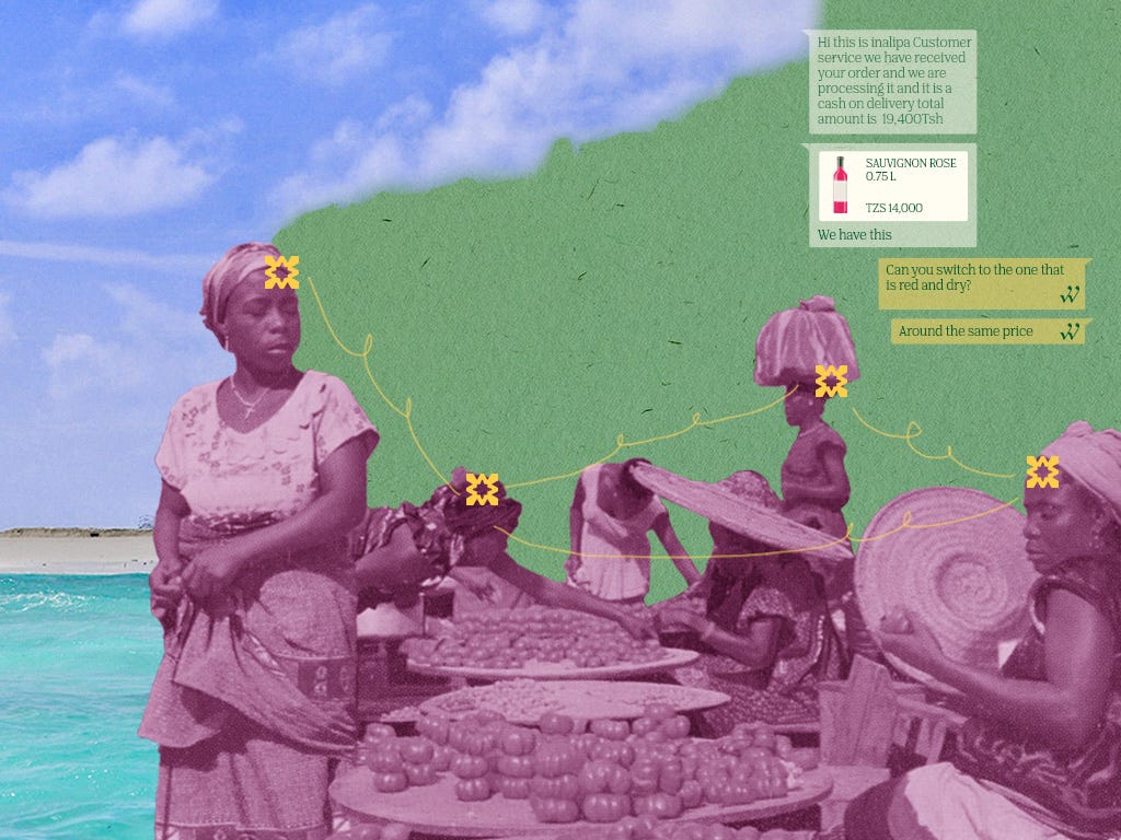 A composite photo of women at the local market layered over a beach on Zanzibar island and a Whatsapp conversation with a local vendor in Tanzania.