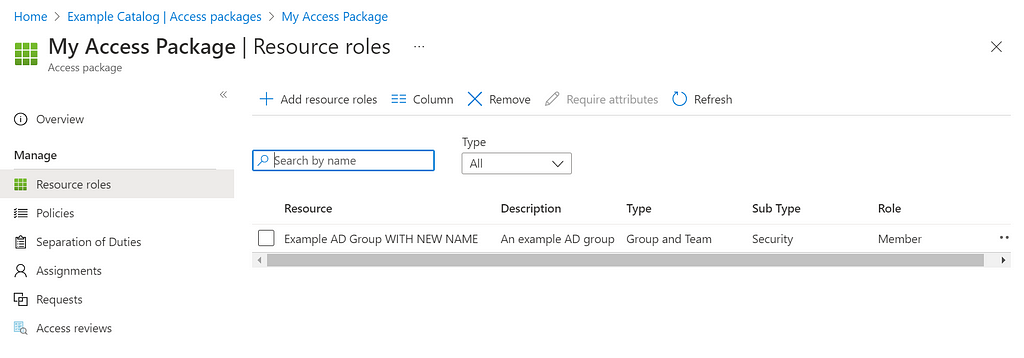 A screenshot of the access package, now showing the new Azure AD group name “Example AD Group WITH NEW NAME”